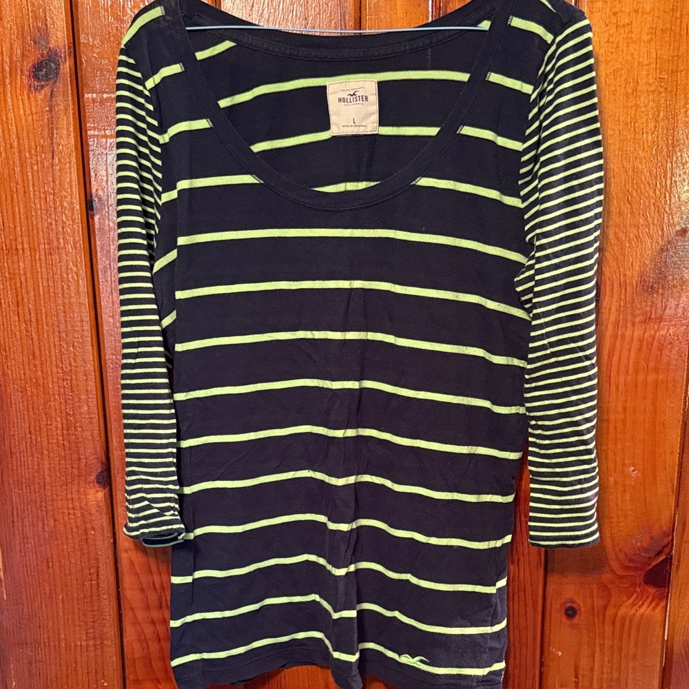 Hollister Navy and Green Striped Top
